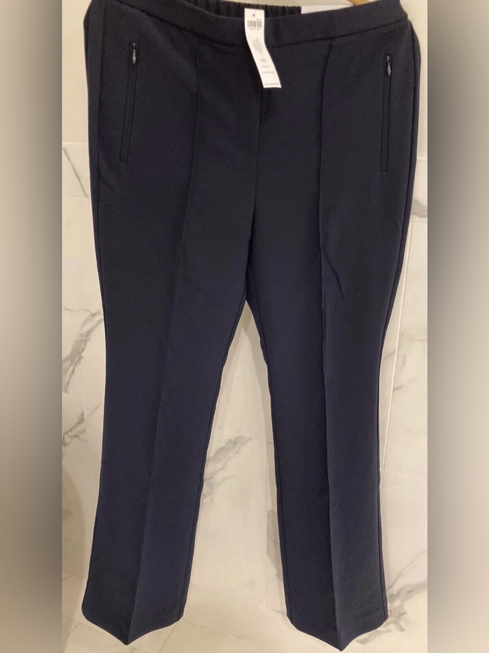Chico's Dark Navy Straight-Leg Pull-On Pants with Zip Pockets